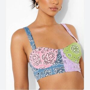 NWT Boohoo Blue Patchwork Denim Bralette Crop Top